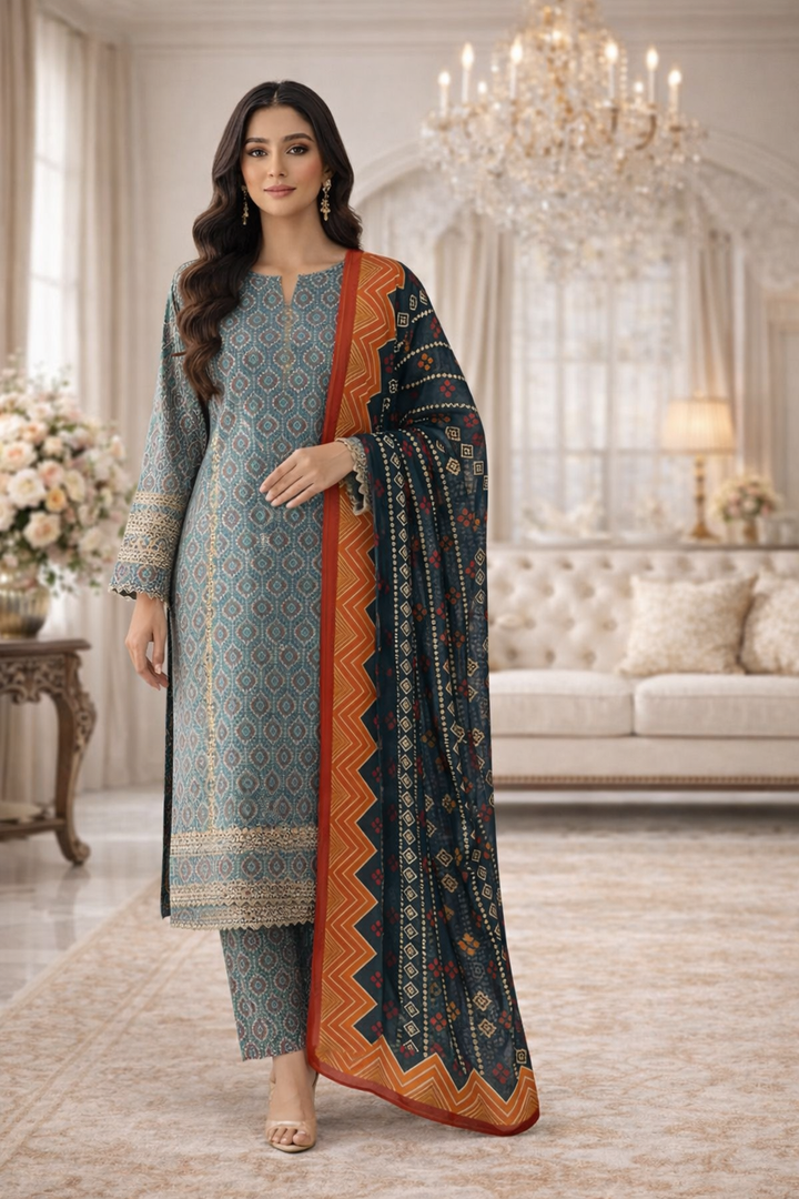 Three Piece Unstitched Breeze Lawn Suit for Women All Over Stylish Printed Breeze Lawn Fabric Summer Wear Collection – Random Article Ref VG-9046C – Premium Quality Design with Flowing  Breeze Lawn Dupatta and Matching Trouser